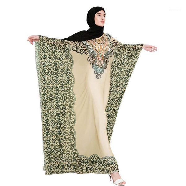 

printed chiffon muslim abaya maxi dress dubai islamic boho clothing for women bat sleeve casual loose vintage robe gown vkdr12301, Red