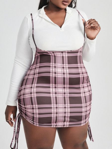 

sxy plus plaid drawstring side overall dress without tee k7zd#, Black