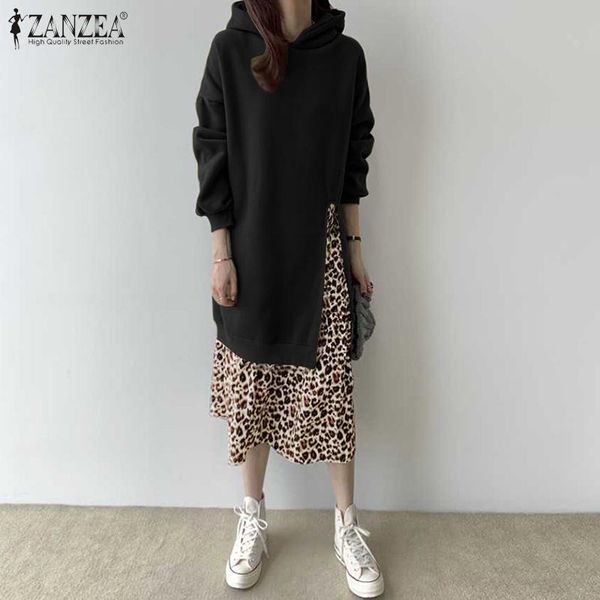 

stylish women hoodies sundress zanzea winter leopard printed sweatshirt dress long sleeve patchwork vestidos fleece pullover, Black;gray