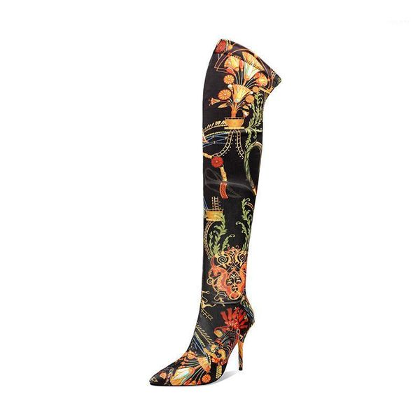 

autumn and winter european and american fashion print over the knee boots pointed high stiletto stretch boots large size 451, Black