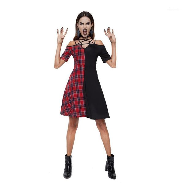 

rosetic women plaid dress vintage red black patchwork dresses women short sleeve vestidos de fiesta goth party wear1, Black;gray