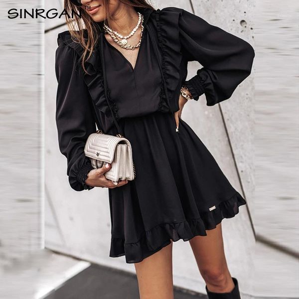 

nankey black ruffles neck mini dress women long sleeve high waist a line summer dress solid color female party vestidos1, Black;gray