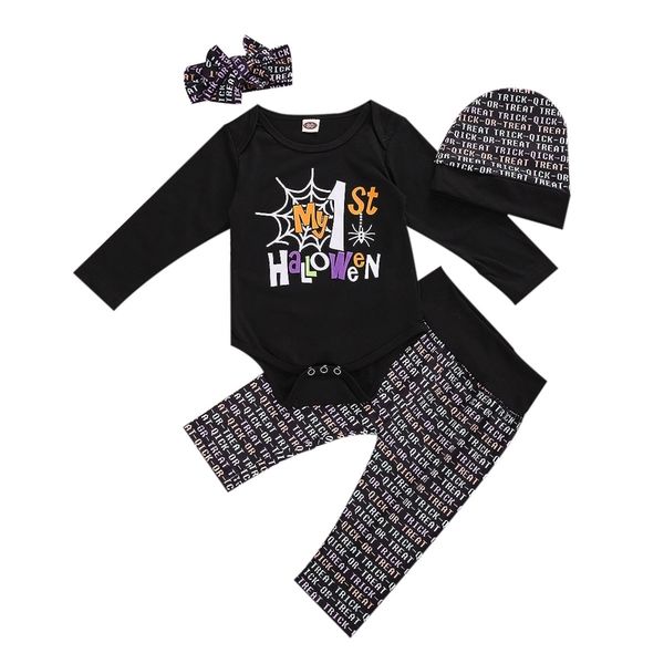 

autumn baby boys girls clothes funny pumpkin spider long sleeve jumpsuit fashion print long pant headband halloween set lj201221, White