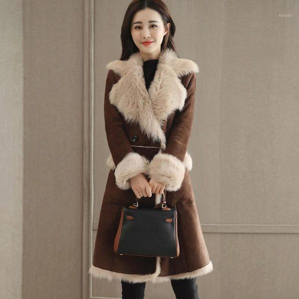 

coat faux fur lambskin suede thicken warm wool fur jacket women coat new turn down collar loose artificial woolen faux1, Black