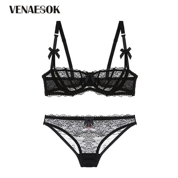 Stickerei Blumen Ultradünne Plus Größe BH Unterwäsche Set Weiß Transparent Frauen Dessous Set Sexy Spitze BH Halbe Tasse B C D Schwarz Y200708