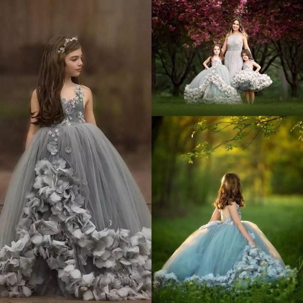 deslumbrantes vestidos da menina de flor para o espaguete casamento vestidos cinta de desfile vestido de baile saia cinza prata tule meninas com flores feitas à mão
