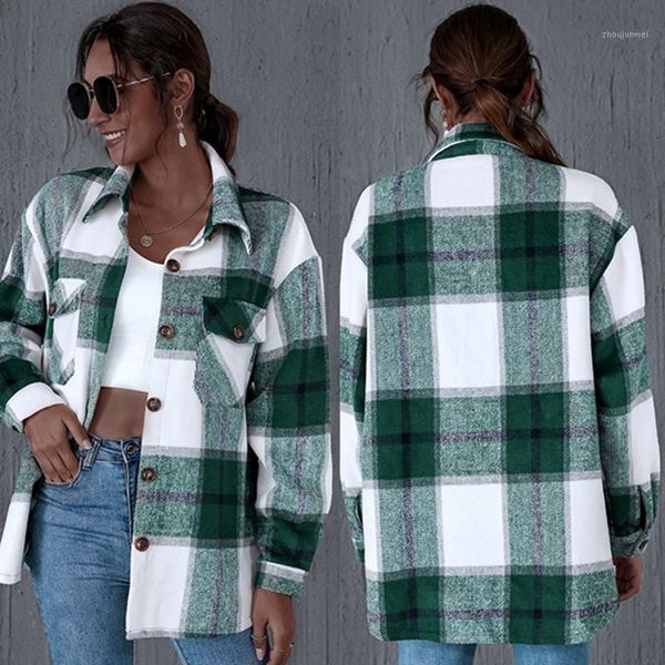 

women's retro loose casual plaid cardigan thicken plaid shirt jacket green1, Black;brown