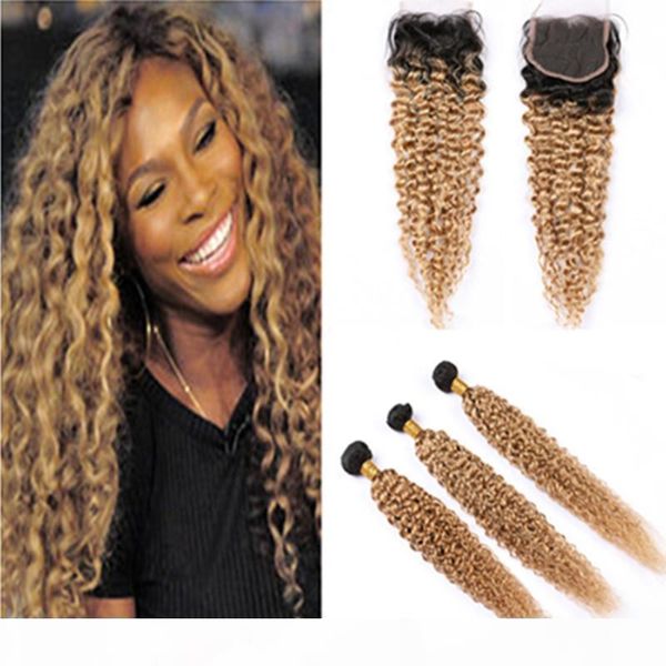 

dark root honey blonde human hair 3bundles with closure kinky curly weaves #1b 27 ombre malaysian virgin hair extensions with lace closure, Black