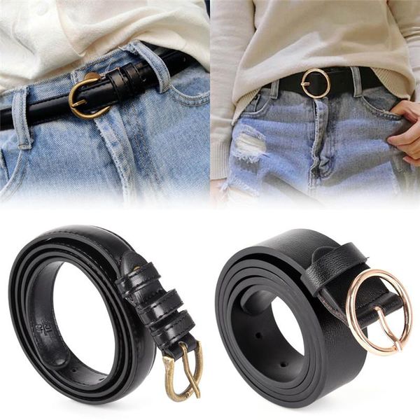 

gold round buckle belts female leisure jeans wild belt pin metal buckle black leather black strap belt women, Black;brown