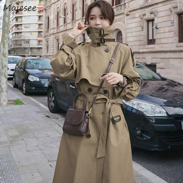 

womens trench long coats thicker double breasted sashes windbreaker plus size 3xl casual solid all-match lady clothes classic, Tan;black