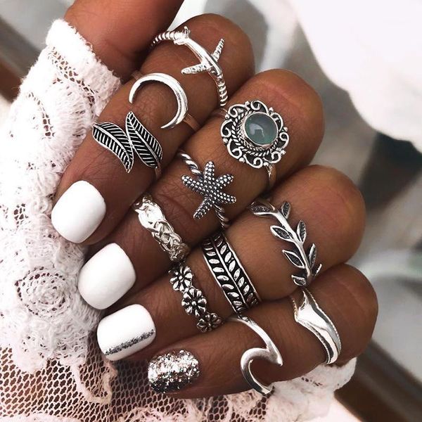 

cluster rings 11pcs/set bohemian women set leaves flowers moon starfish hollow lotus gem knuckle silver color ring wedding party jewelry1, Golden;silver