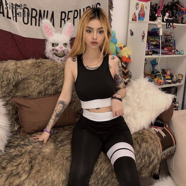 

women elastic 2 piece set sleeveless long leggings striped pant ladies workout 2021 new sportsuit activewear, Gray