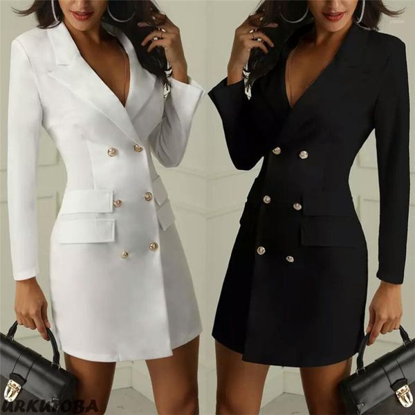 

casual office ladies full blazer2020 elegant black white blue green long spring autumn jacket & coat double breasted suit dress1, White;black