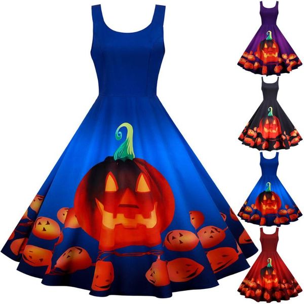 

women pumpkin print dress sleeveless halloween party dress witch cosplay costume casual long ladies vintage dresses, Black;gray
