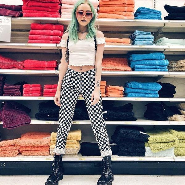 

black and white checkerboard plaid women gothic pants streetwear zipper casual trousers female straight pants femme, Black;white