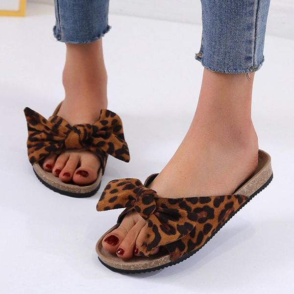 

women beach slippers 2020 summer fashion bow tie flat thick bottom sandals slipper leopard home shoes1, Black