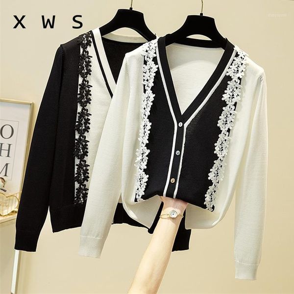 

2020 autumn and winter new cardigan fashion lace patchwork v-neck long-sleeved sweater women loose single-breasted1, White