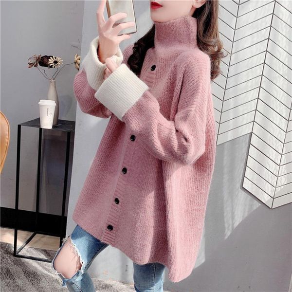 

casual turtleneck knitted sweater female warm ladies single breasted sweater autumn winter long sleeve pullover jumper 2021, White;black