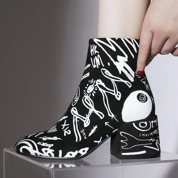 

prova perfetto 2020 spring women ankle boots black suede thick heels slip-on short boots casual graffiti fashion