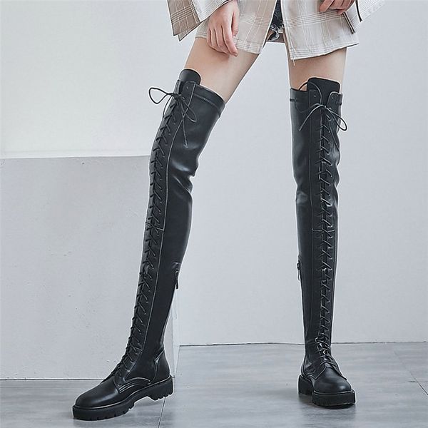 

2020 fashion sneakers women stretchy over the knee high military boots female lace up straps round toe platform oxfords shoes y1201, Black