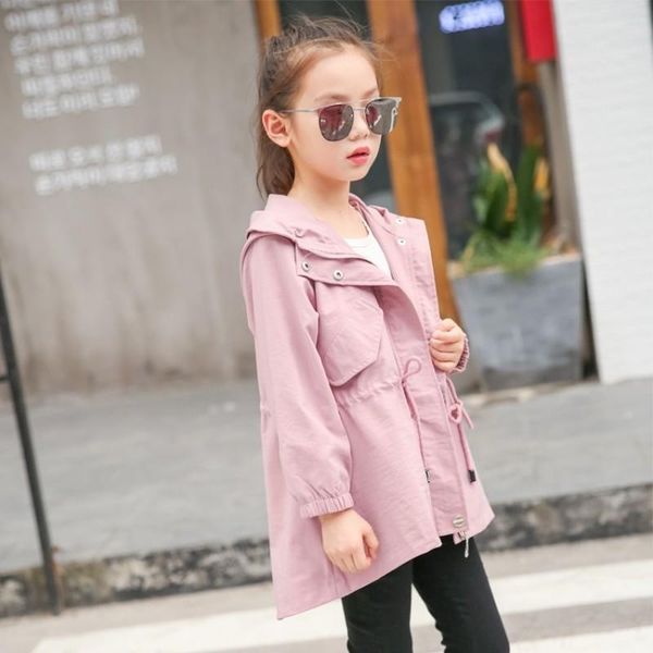 

coat baby girls trench coats 4-16 years old kids 2021 autumn chidlren solid children windbreaker hooded zipper outerwear, Blue;gray