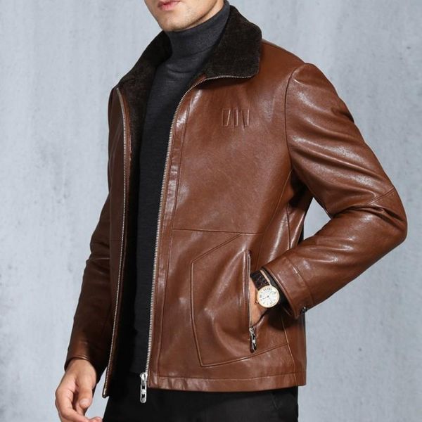 

men's fur & faux 2021 winter mens fleece lining leather jacket warm business pu coat lapel collar slim fit motorcycle biker jackets 3xl, Black