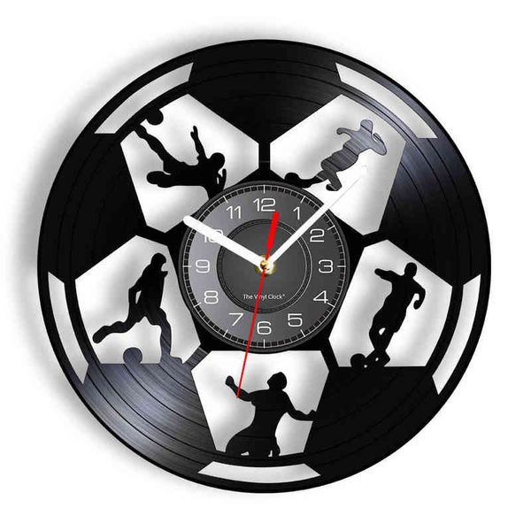 Giocatori di calcio Silhouette Orologio da parete con disco in vinile inciso al laser Tifoso sportivo Soggiorno Opera d'arte Orologio da parete Allenatore di calcio Regalo H1230