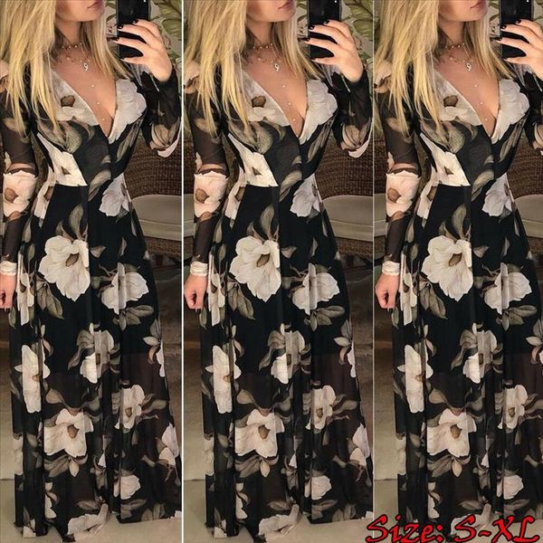 

boho women formal holiday floral maxi dress v neck long sleeve slim waist maxi dress black drop shipping, Black;gray