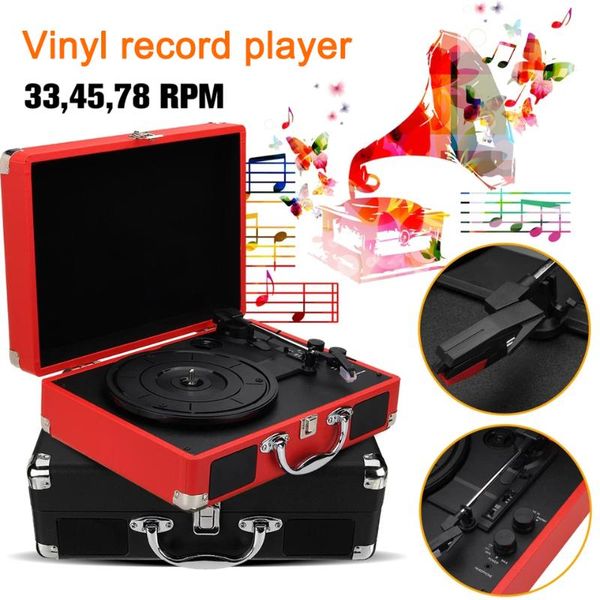 

portable speakers 33/45/78 rpm bluetooth suitcase turntable vinyl lp record phone player 3-speed aux-in line-out 100-240v