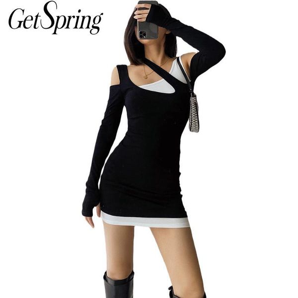 

casual dresses getspring women dress fake two off shoulder color matching hollow out asymmetry vintage 2021, Black;gray