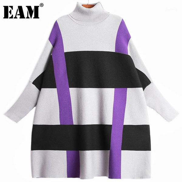

eam] women geometric pattern big size knitting dress new turtleneck long sleeve loose fit fashion autumn winter 2021 1dd32521, Black;gray