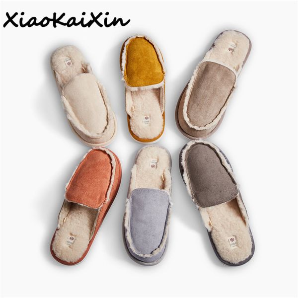 

vintage british style couple home slippers men women winter warm faux suede vamp wool lining solid color indoor floor house shoe y1124, Black