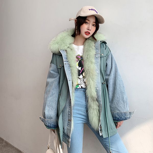 

coat women's winter with real parka denim coats of natural fox fur collar and lining 2020 new korean fashions luxury q20m, Black
