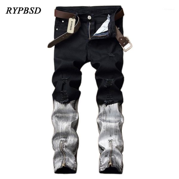 

2020 new ripped jeans men moto biker straight slim fit denim pants patchwork fashion zippers high street distressed coated jeans1, Blue