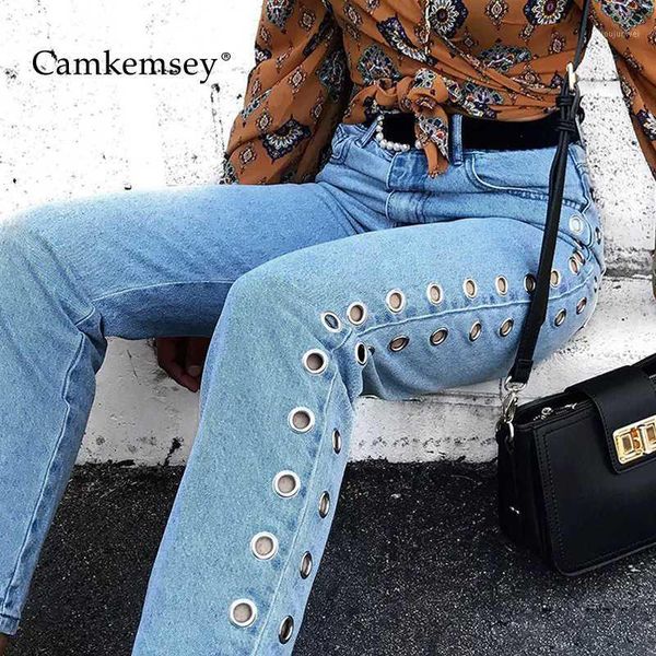 

camkemsey classic high waist mom jeans woman 2020 streetwear hollow out eyelet boyfriend jeans female loose denim pants trousers1, Blue