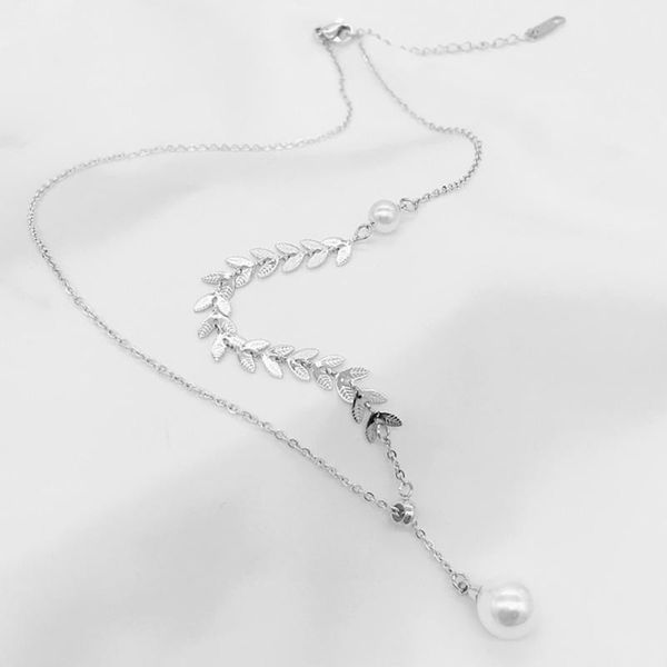 

women necklace adjustable simple leaves fake pearl pendant necklace, Silver