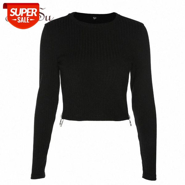 

artsu side zippers long sleeve crop mujer black basic tshirt tee friends funny t shirts women streetwear asts20588 #dp1z, White