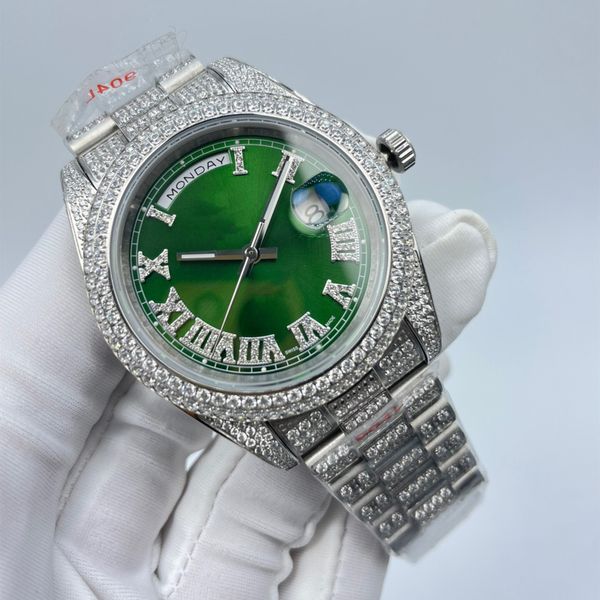 

2022 men's high-grade full diamond wristwatch, 41mm silver roman diamond wristwatchs, full-automatic mechanical multi-color optional, Slivery;brown