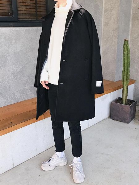 

men's wool & blends outdoor men korean style plaid overcoat long cashmere minimalist black coat fleece manteau homme hiver fashion casu
