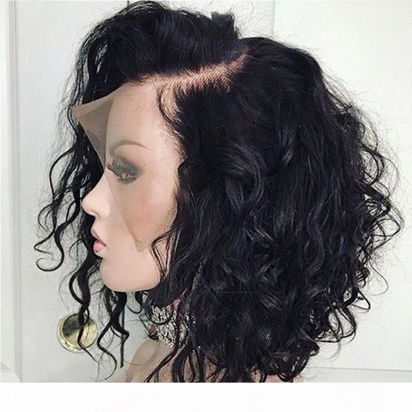 

13x6 deep part lace front wigs with baby hair burmese virgin short curly human hair bob wig for black women 9a, Black;brown