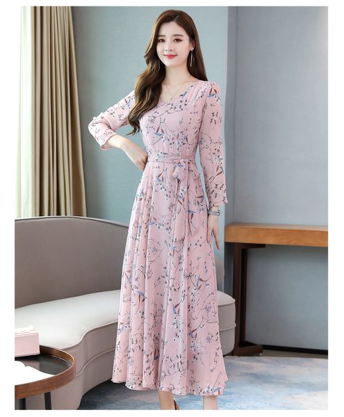 

2021 new female fashions dressed floral a casual chiffon line printed with elegant v-cleavage dress in spring and autumn 3egy, Black;gray