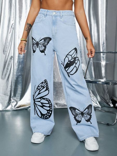 

high waist butterfly print wide leg jeans x3jz#, Blue
