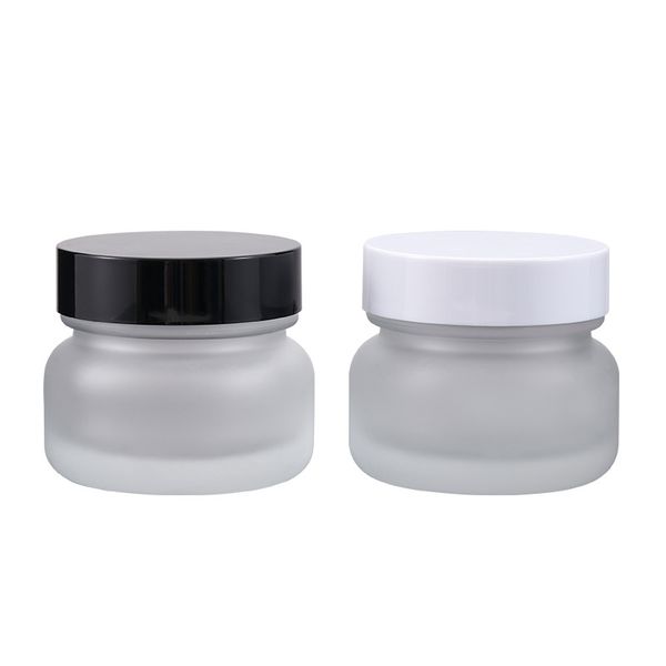 

50g frosted glass cream jar with white black cap empty cosmetic face cream sample pots small cosmetic powder container packaging bottle