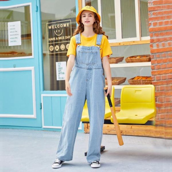 

schoolgirls denim overalls with large pockets cotton washed women denim jumpsuit1, Blue