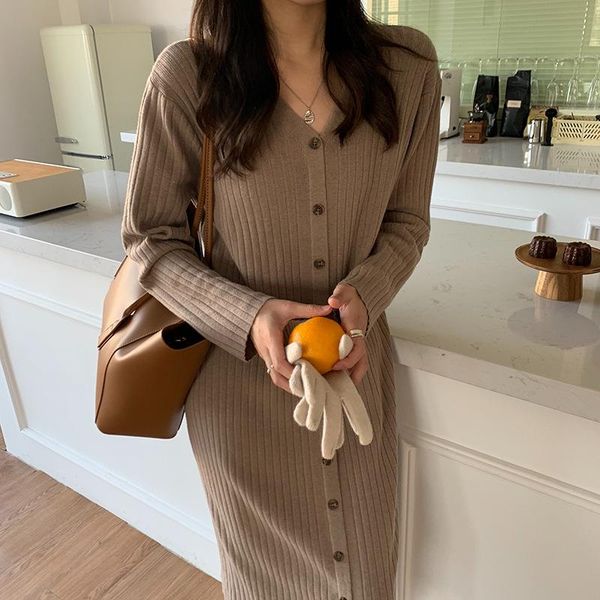 

single breasted pit female show thin knitting women dress v neck robe femme autumn winter straight solid party vestidos y1775a, Black;gray