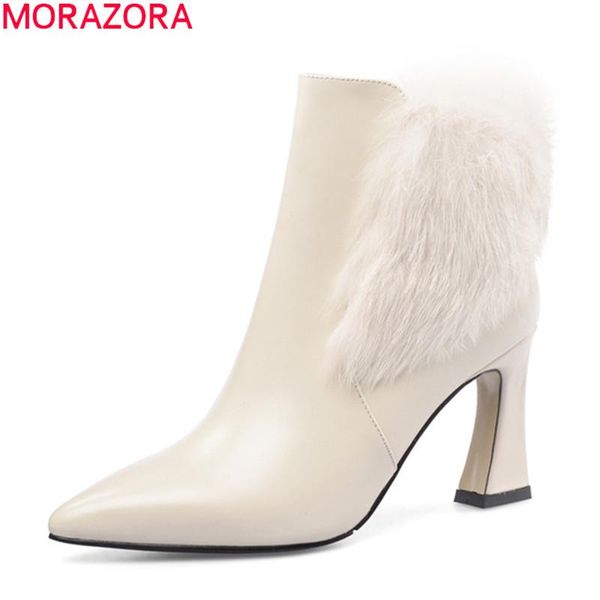 

boots morazora 2021 arrive fashion ankle pointed toe high heels genuine leather 2 colors women black