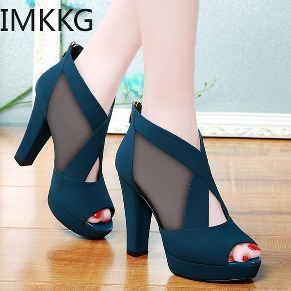 

summer women high heel shoes mesh breathable pomps zip peep toe thick heels fashion female dress shoes1, Black
