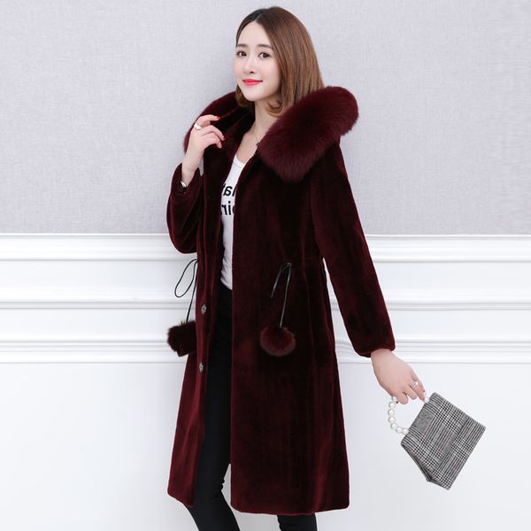 

female 2020 new lamb coat long sheep fox skin cut collar winter jacket of women plus size jackets for mujer kj513 ih8y, Black