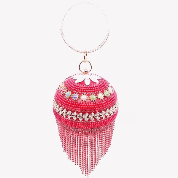 

brand red diamonds rhinestone round ball evening bags for women 2021 mini tassels clutch bag ladies ring handbag clutches women