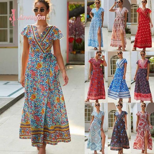 

aswinfon women's split dresses bohemian v neck short sleeve print flowers high split beach maxi summer dress1, Black;gray